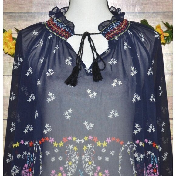 Cabi Sheer Blue Floral Long Sleeve Blouse Top Size S Tie Tassel Neckline Career - Picture 2 of 11